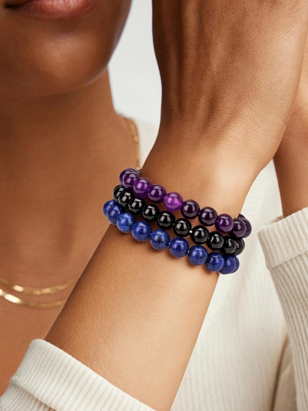 🆕New Stress Relief Gemstone Bracelet Set-Amethyst, Obsidian & Lapis Lazuli - Picture 5 of 9